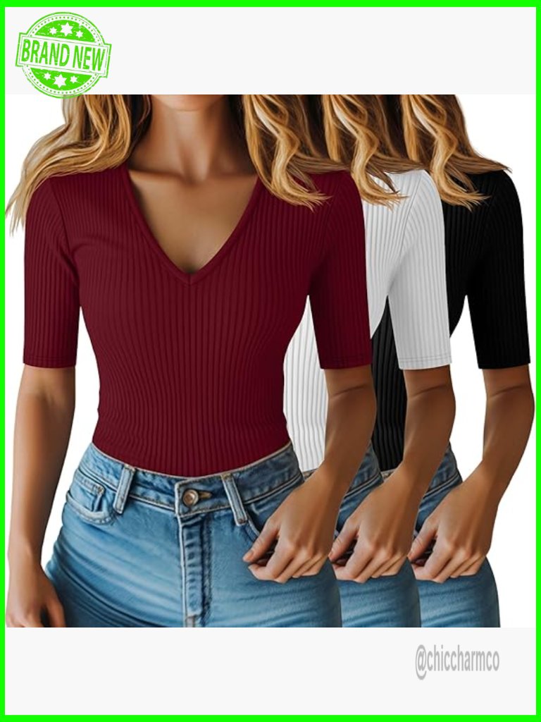 3 Pack Ribbed V-Neck Half Sleeve T-Shirts Slim Fit